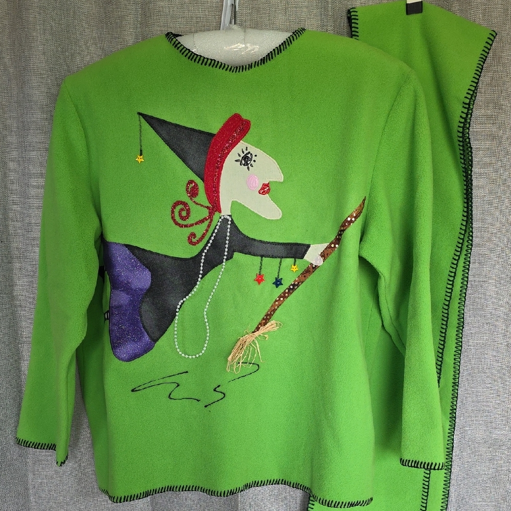 Shane Lee Inc Whimsical Green Fleece Witch Sweater w/matching scarf Size Xl P1-6